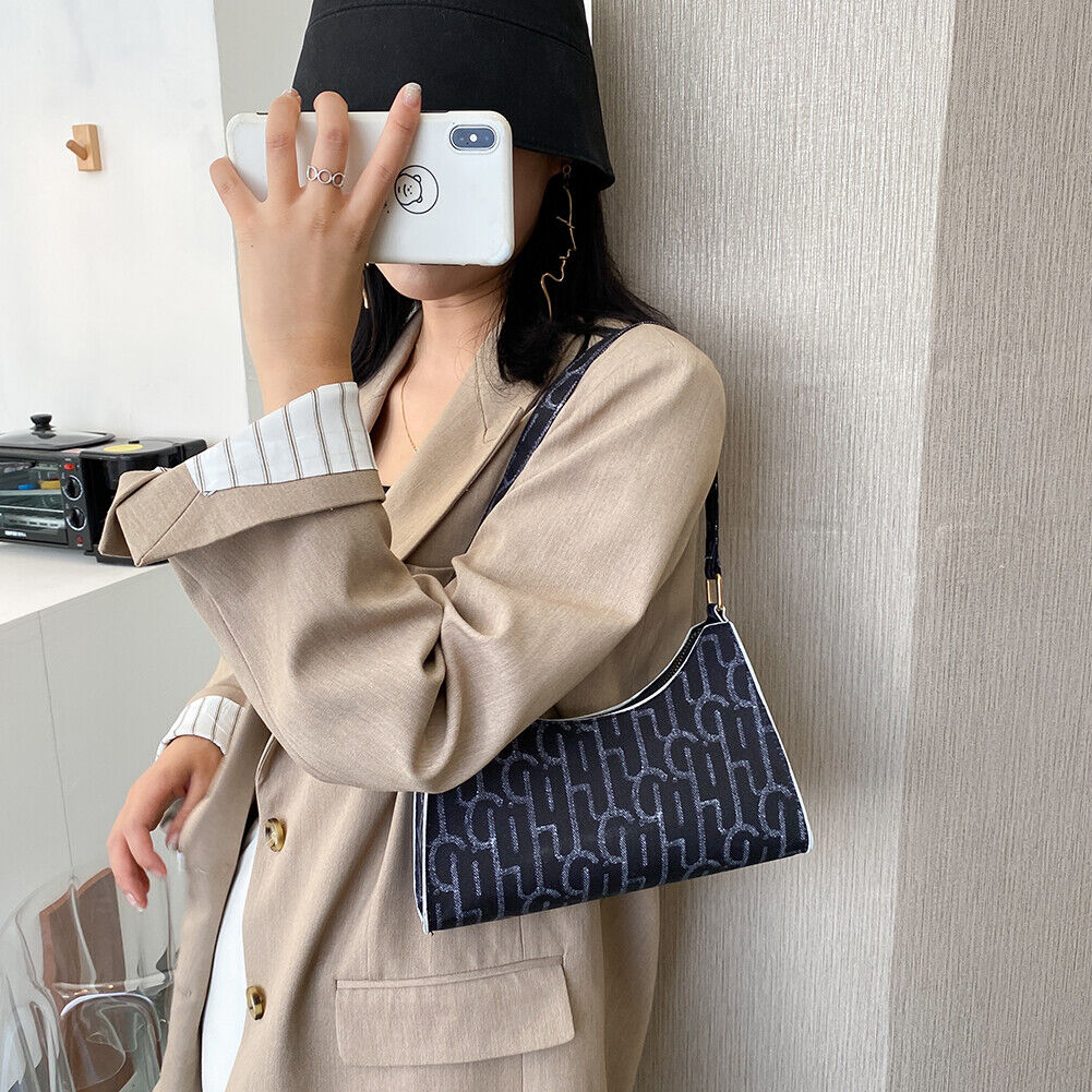Casual Printed Women Handbag Totes PU Zipper Underarm Shoulder Bags (Black)
