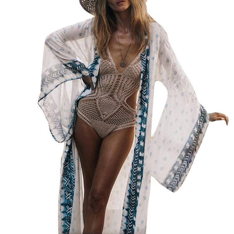 Bohemian Beach Bikini Cover Up Peacock Feather Long Sleeve Kimono Cardigan Shirt