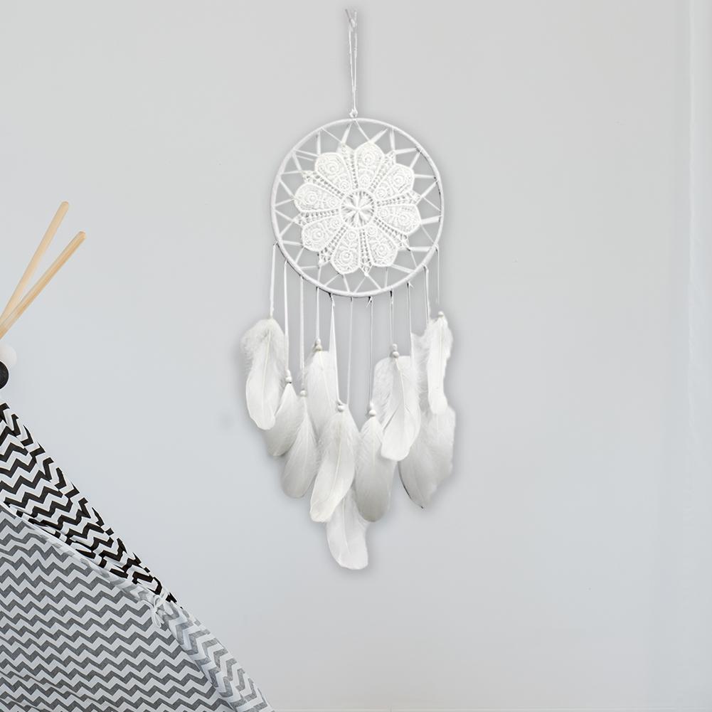 Handmade Feathers Beads Crochet Dream Catcher Wall Art Hang Decor (White)