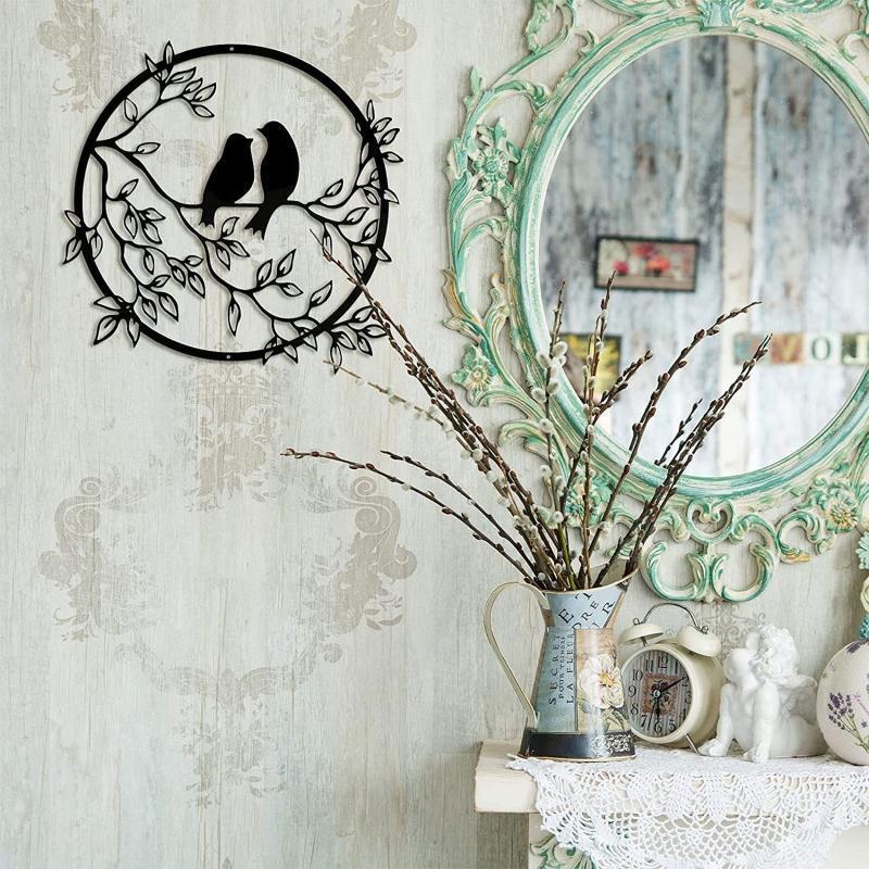Metal Couple Bird on Branch Sculpture Iron Wall Silhouette Round Plaque Decor