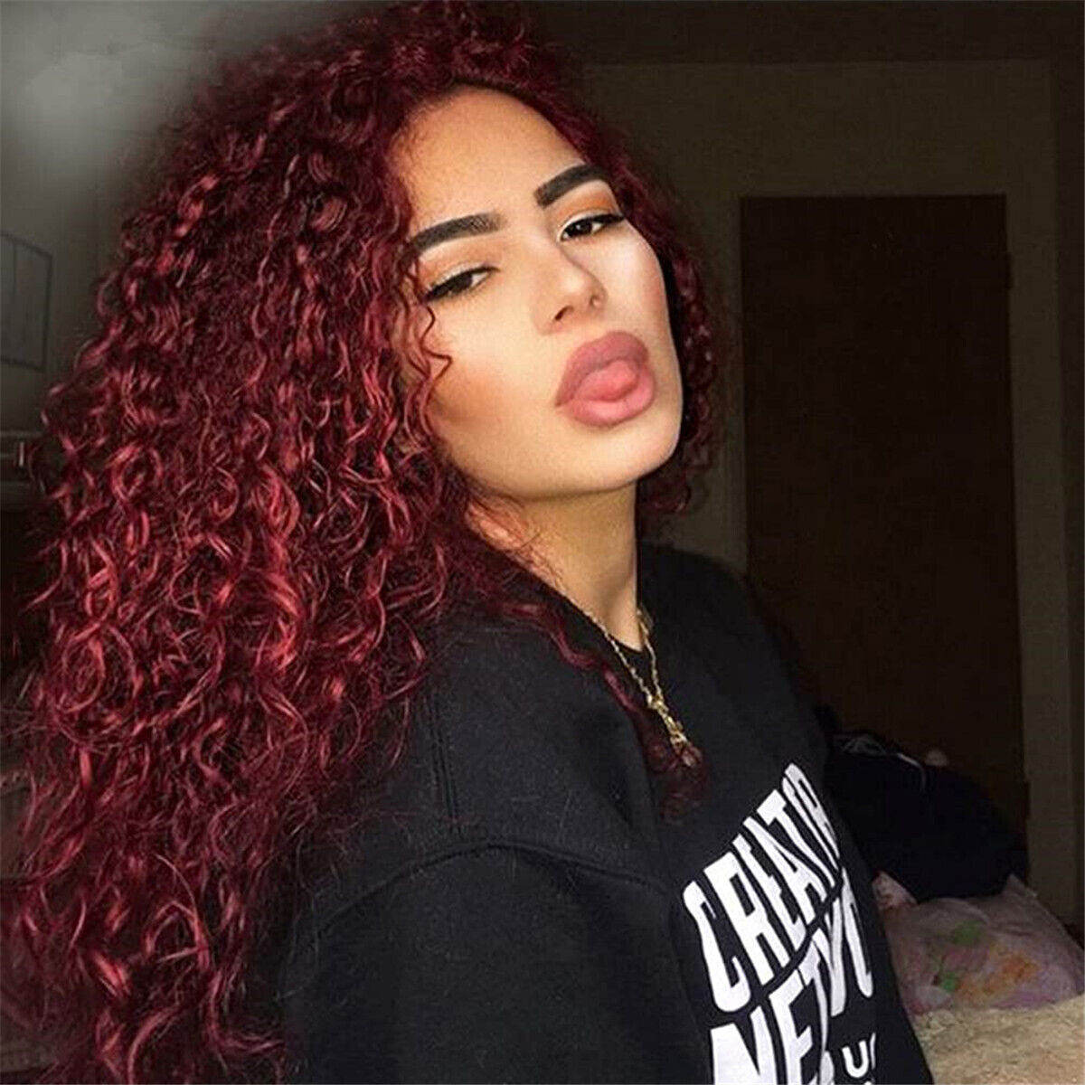 Fashion Long Loose Wave Curly Lace Front Wigs Dark Red Synthetic Hair for Women