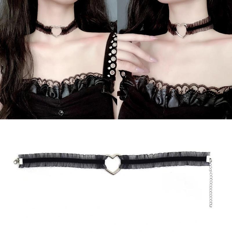 Heart Link Collarbone Chain Clavicle Necklace Gothic Lolita Lace Collar Choker