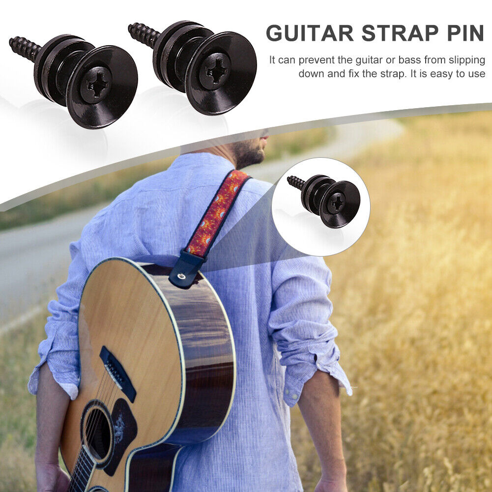 2x Guitar Pegs Anti-slip Strap Buckle Locking Pin for Bass Ukulele (Black)
