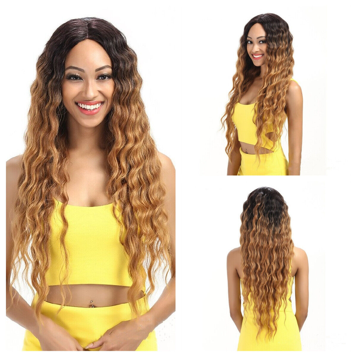 Fashion Lace Front Wigs Ombre Blonde Long Curly Wavy Synthetic Hair For Women