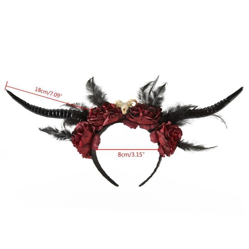 Carnival Halloween Ox Sheep Horn Hair Hoop Flower Feather Decor Horn Headpiece