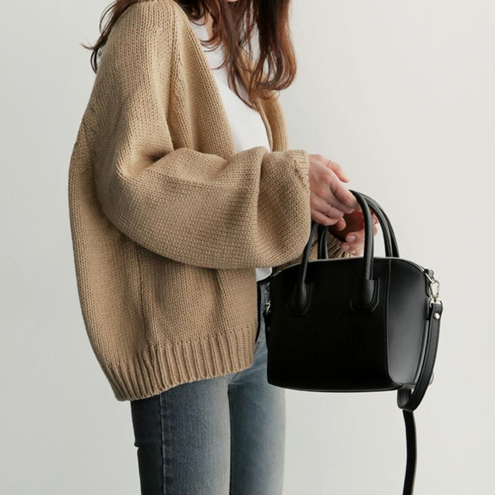 Women Short Style Long-Sleeves Coat Knitted Solid Color Cardigan (Khaki)