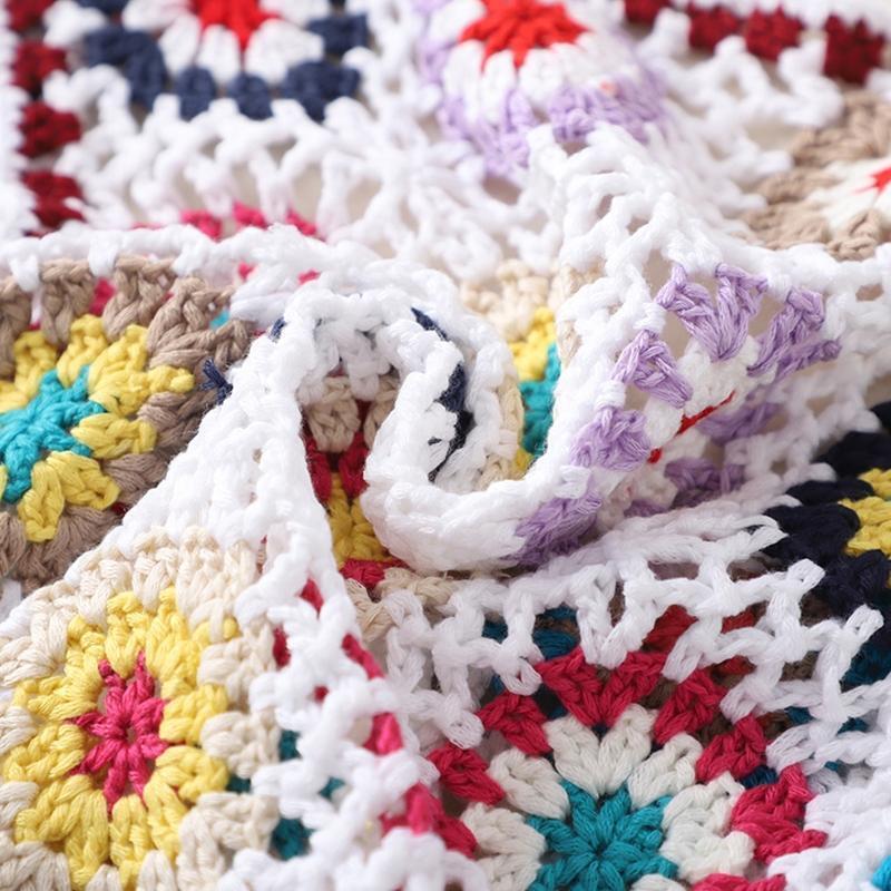 Women Boho Crochet Crop Vest Multicolor Plaid Sleeveless Lace-Up Short Cardigan