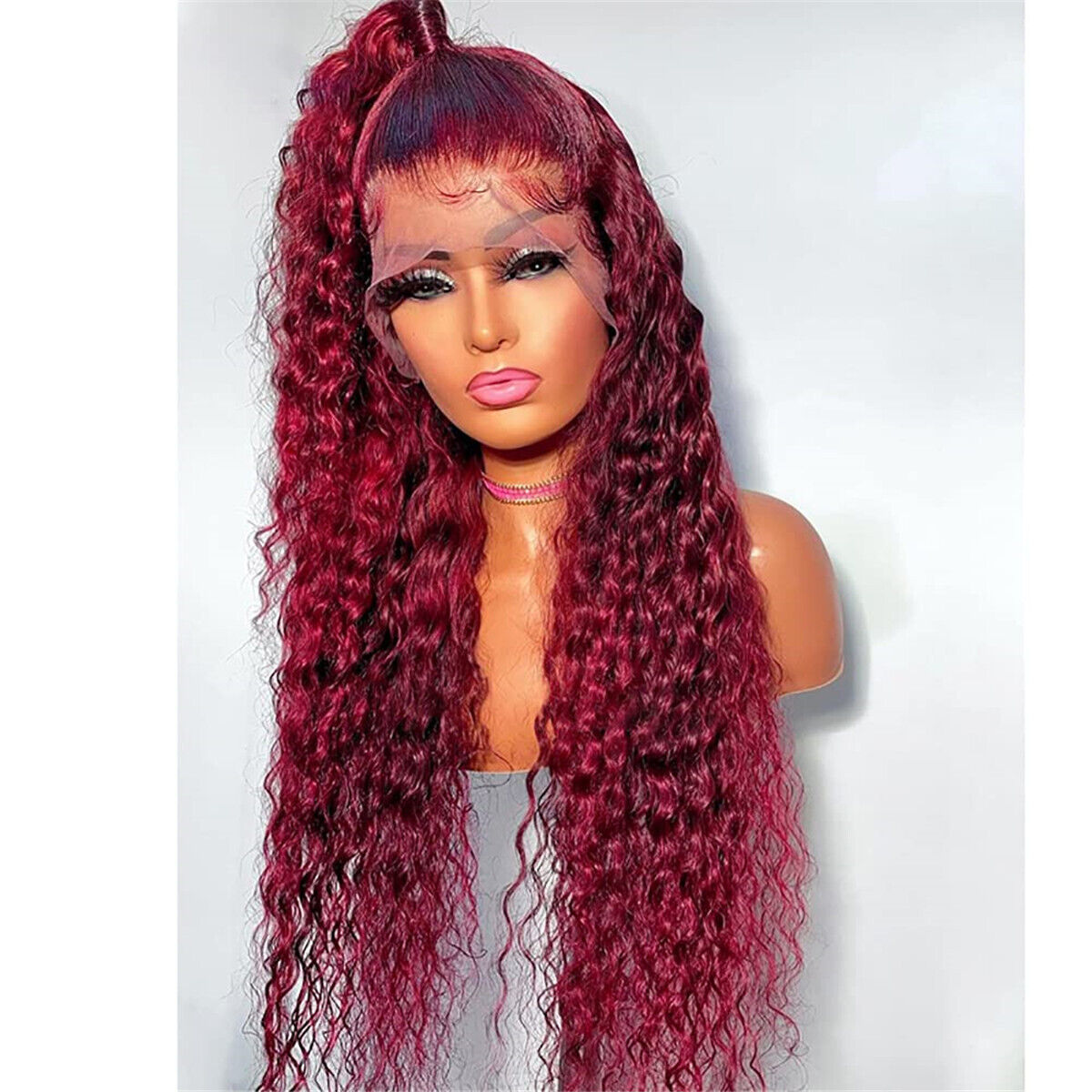 Fashion Long Loose Wave Curly Lace Front Wigs Dark Red Synthetic Hair for Women