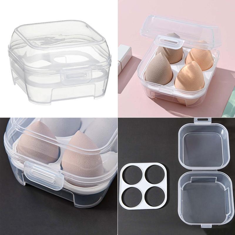 Transparent 4 Grids Travel Beauty Powder Puff Storage Box Makeup Egg Drying Case