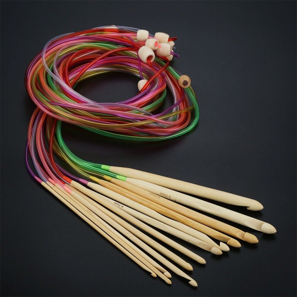 12pcs Bamboo Multicolor Afghan Tunisia Crochet Hooks DIY Knitting Needles 3-10mm