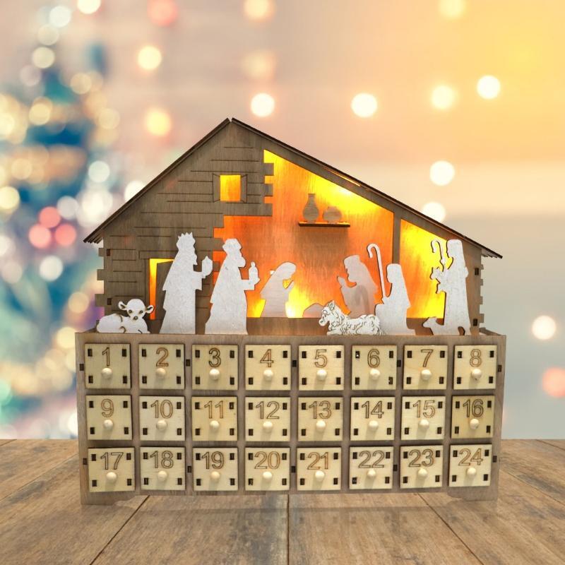 Christmas Advent Calendar Wooden Jesus Decoration LED Battery Operated Holiday