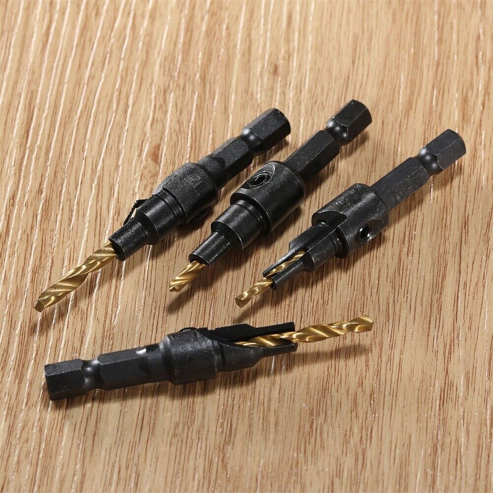 4x HSS Ti Titanium-coated Countersink Drill Bits Kit Hex Shank Woodworking Tool