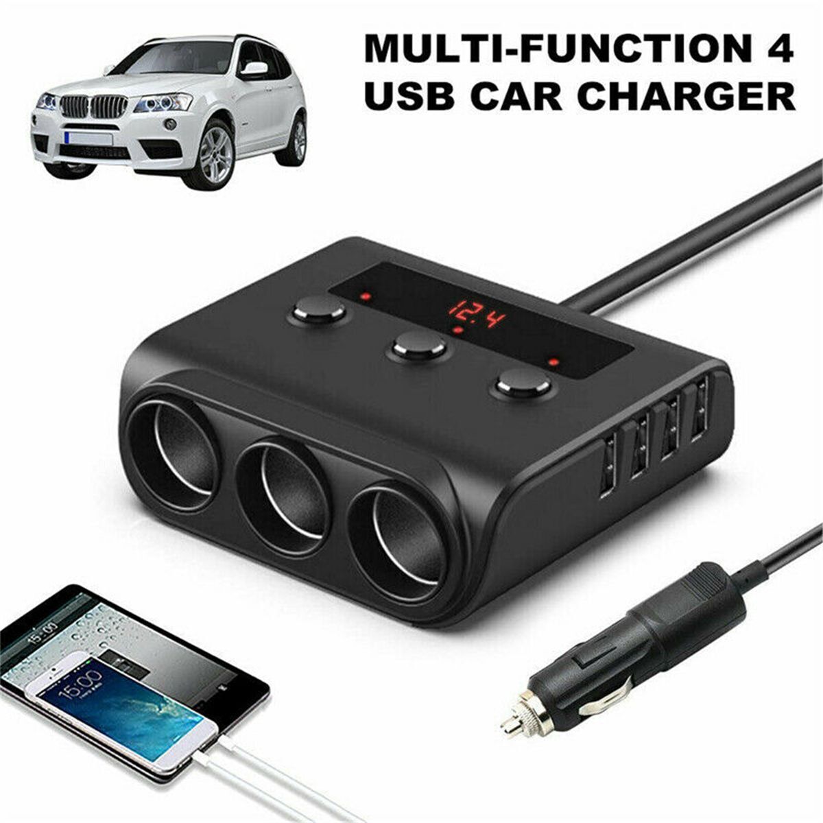 Socket Splitter Dual USB Charger 12V 3 Way Car Cigarette Lighter Car Charger
