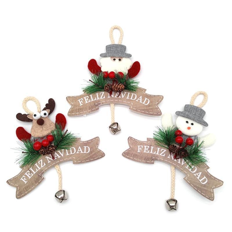 3Pcs Christmas Tree Wooden Pendant Santa Elk Hanging Sign Plaque with Pine Cone