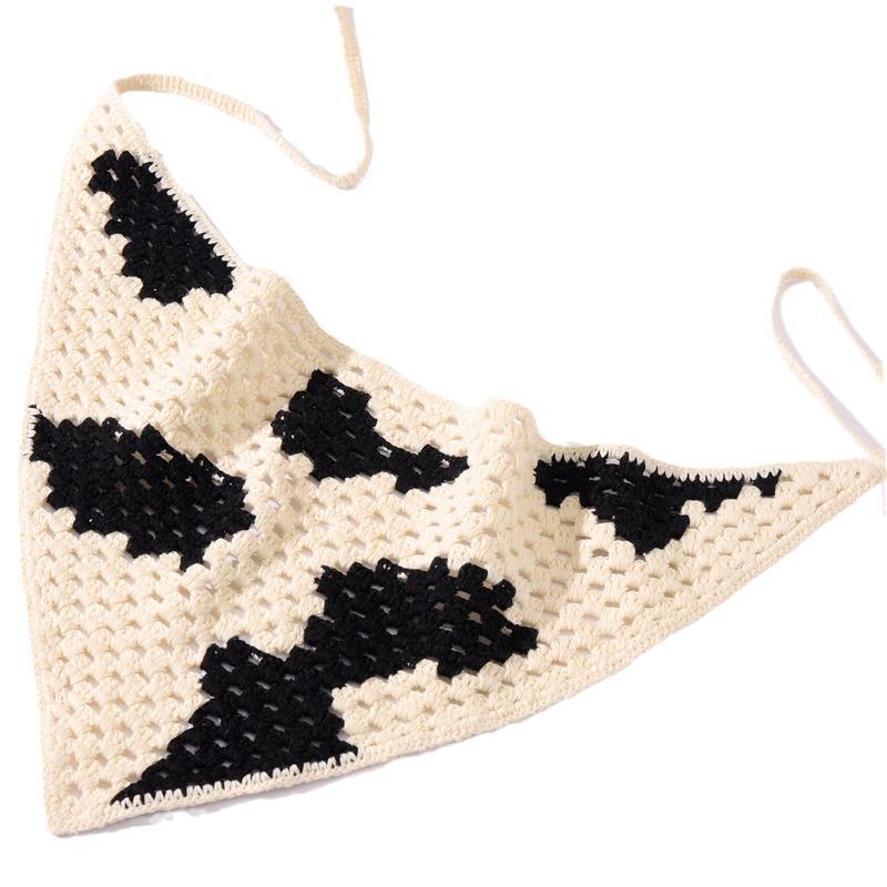 Cow Pattern Knitted Hair Kerchief Crochet Bandana Tie Back Head Wrap for Women
