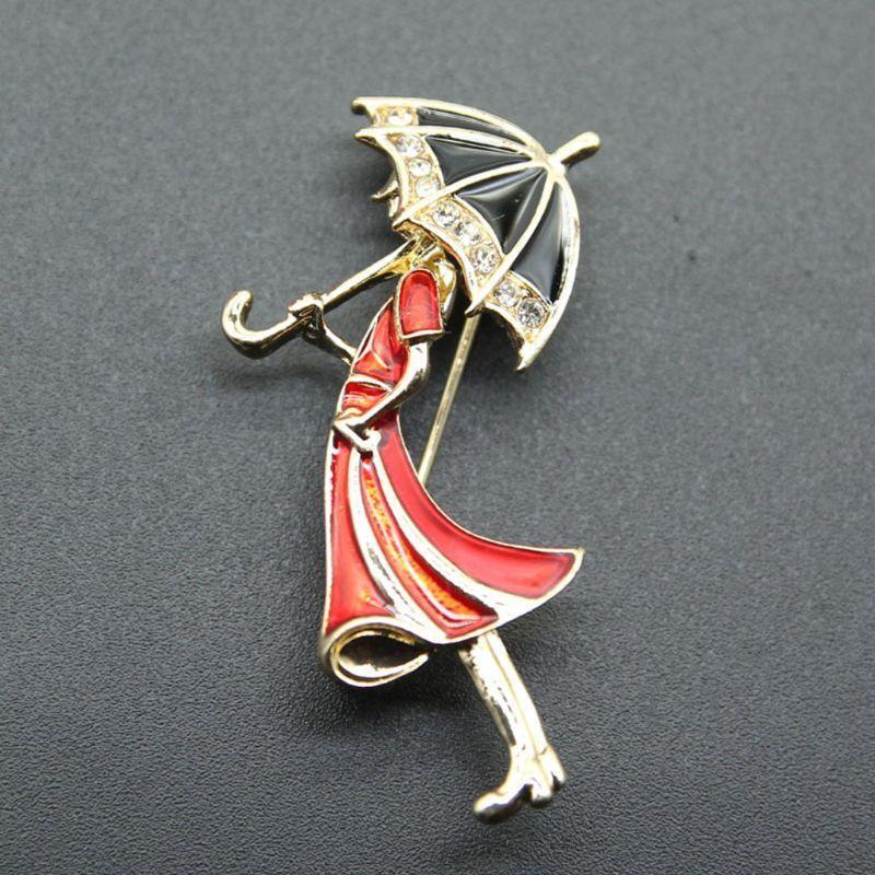 Cartoon Pins Brooch Umbrella Girl Badge Enamel Rhinestones Lapel Cute Dresses