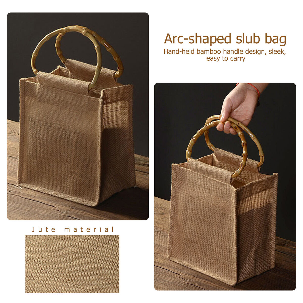 Jute Tote Bags for Women Bamboo Handle Handbag Shopping Bag Reusable