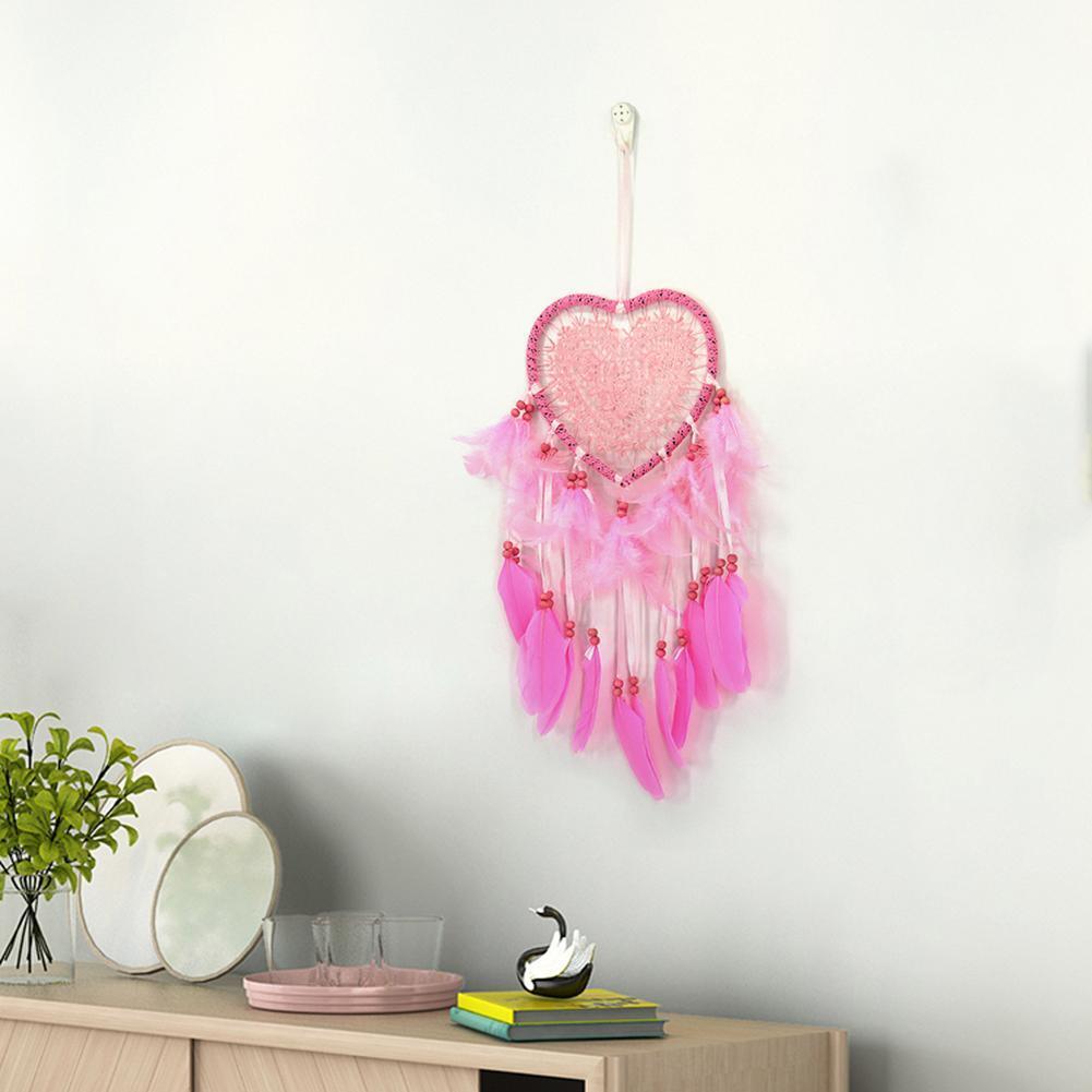 Pink Feathers Love Heart Dream Catcher Pure Handmade Wall Hanging Pendant