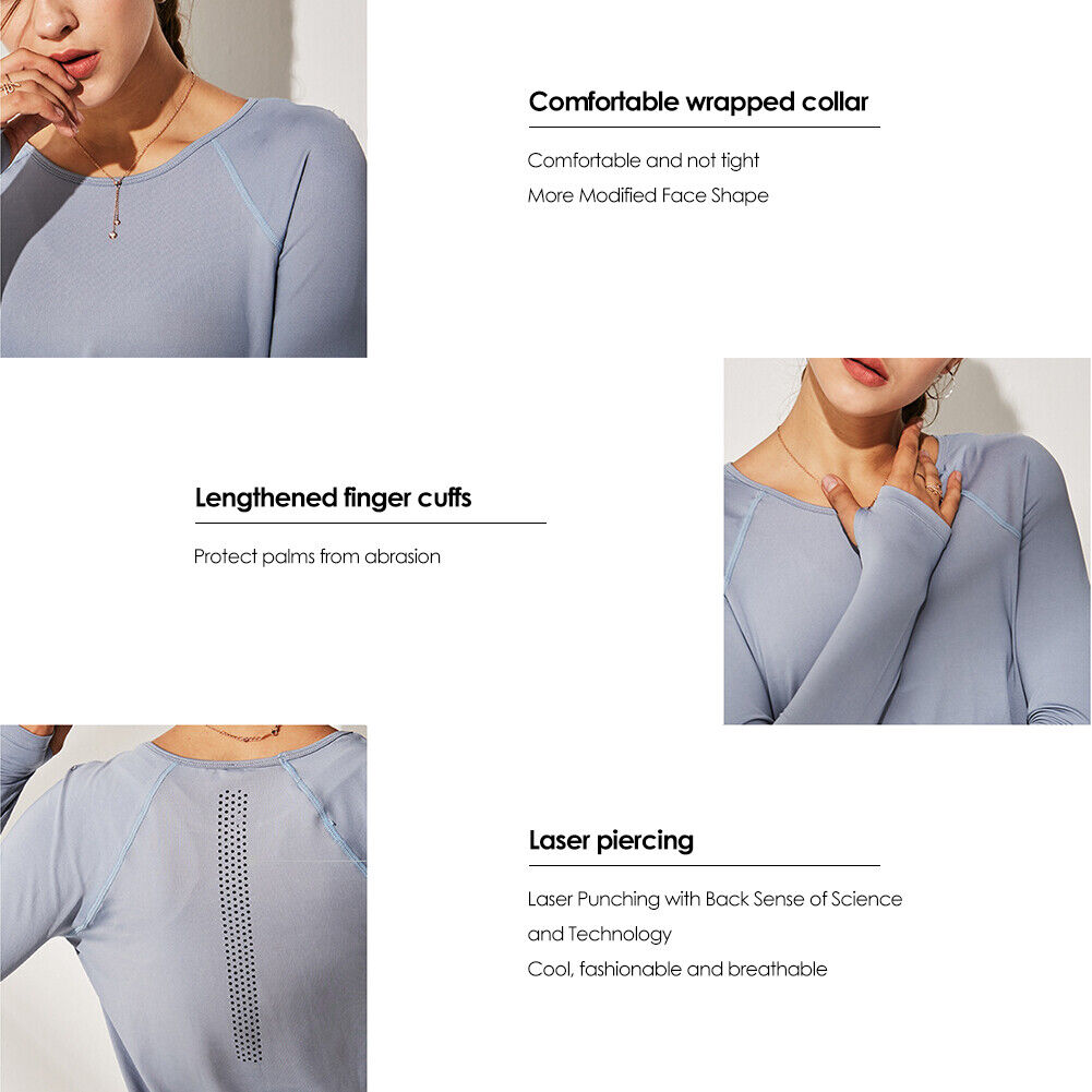 Women Gym Breathable Sportwear Fitness Gym Shirts Long Sleeve (L)(Blue)-270