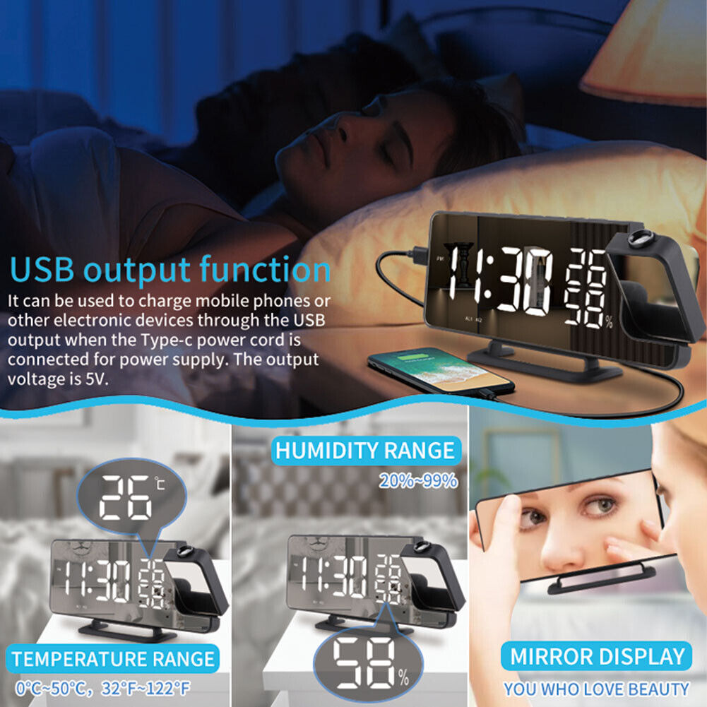 Digital Electric Alarm Clock Projector Desktop Radio FM LED Snooze Clocks