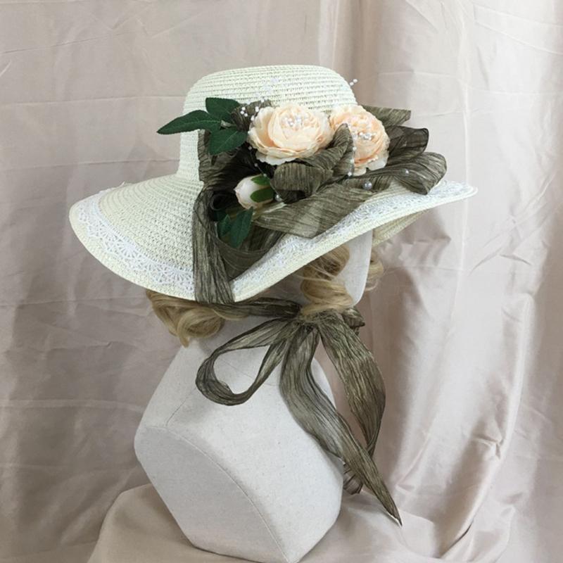 Lace Breathable Straw Hat Flower Rose Ribbon Caps with Wide Edge for Womens Girl
