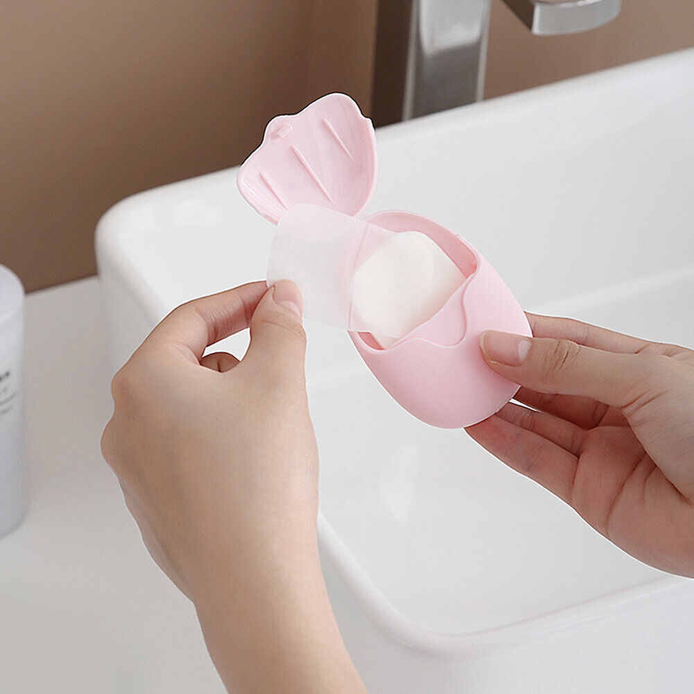 50pcs Disposable Boxed Paper Soap Portable Hand Washing Soap Slice (Pink)