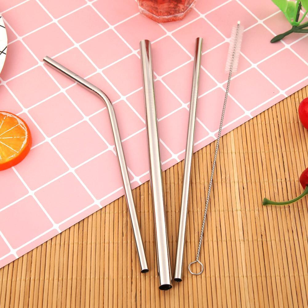 3/5pcs Reusable Metal Bent Straight Drink Straw Clean Brush Pouch Tool (A)