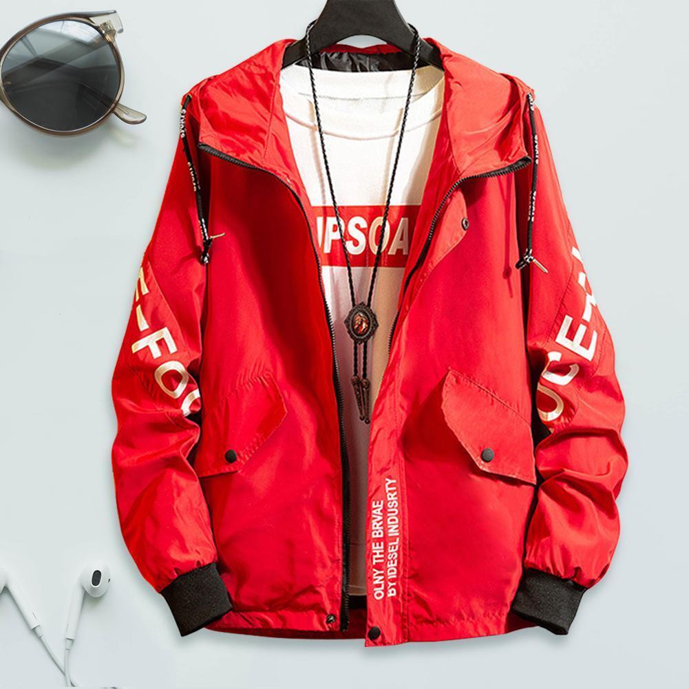 Autumn Winter Men Long-Sleeves Hooded Letters Pockets Jacket (Red L)