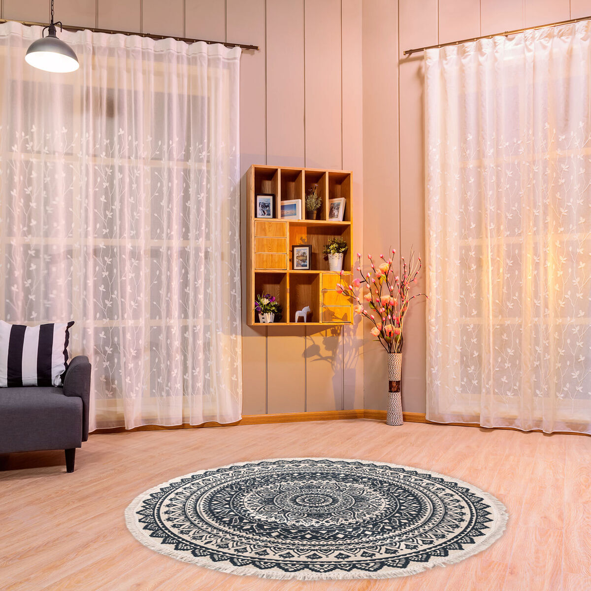 Hand Woven Rugs - Living Room Bedroom Carpet with Tassel (Blue Black 60cm)