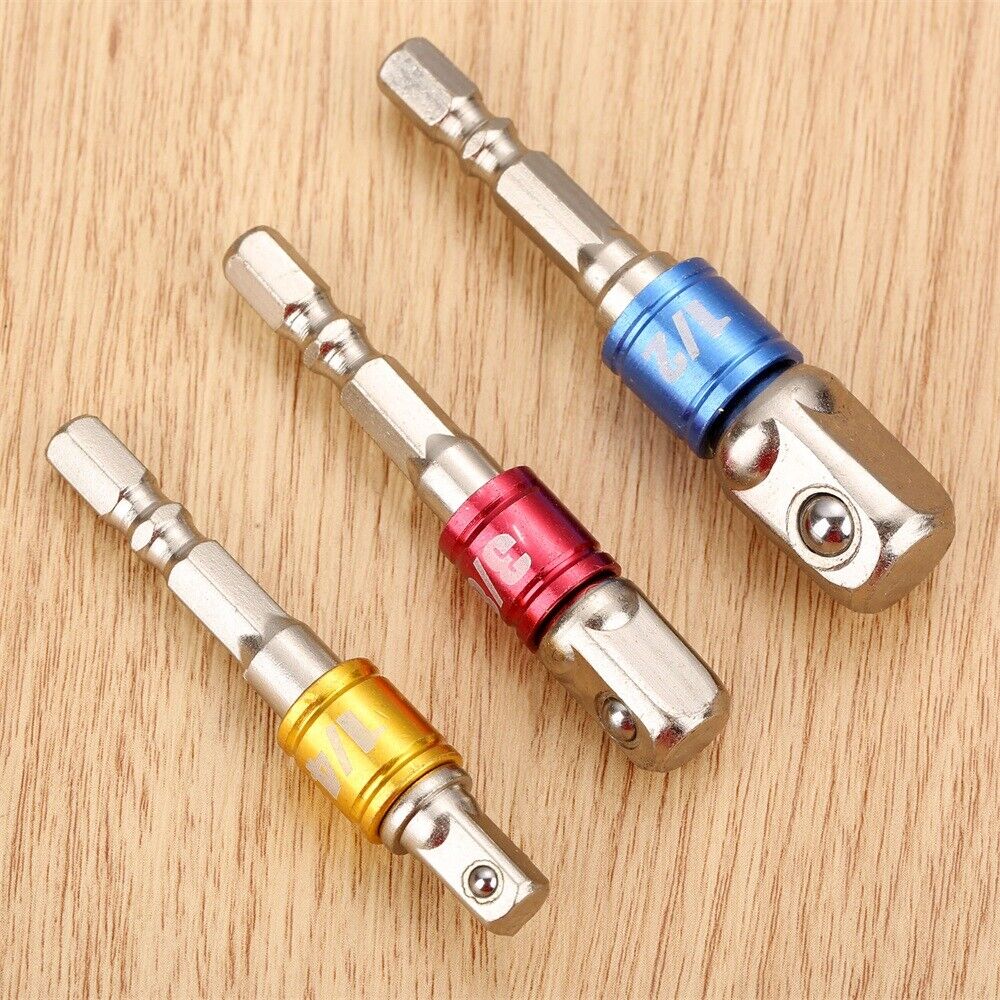 Aluminum Alloy Power Drill Bit Socket Adapter 1/4" 3/8" 1/2" Driver Tool 3pc New
