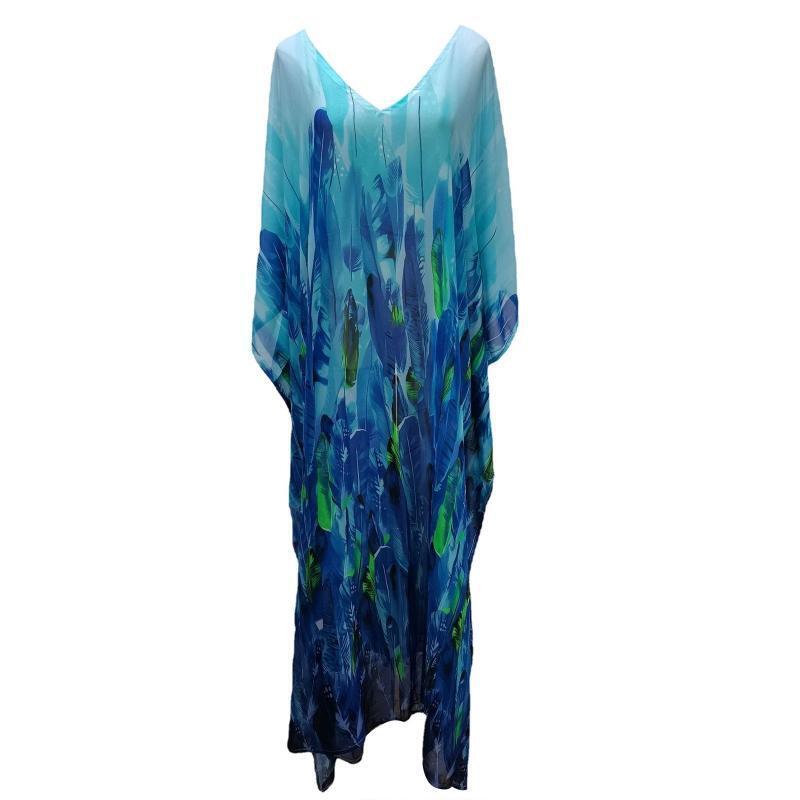 Summer Loose Print Caftan V Neck Sun Protection Oversize Dress for Girls Lady