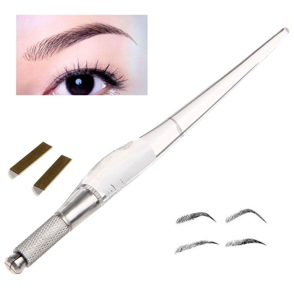 2 in 1 Set 5.79in Manual Eyebrow Tattoo Pen & 5Pcs 14pin Needles Bevel Blades
