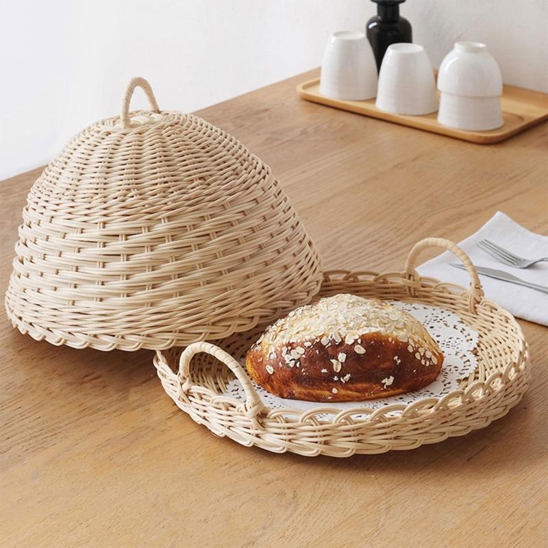Handmade Woven Rattan Storage Tray with Cover Round Food Basket Display Case