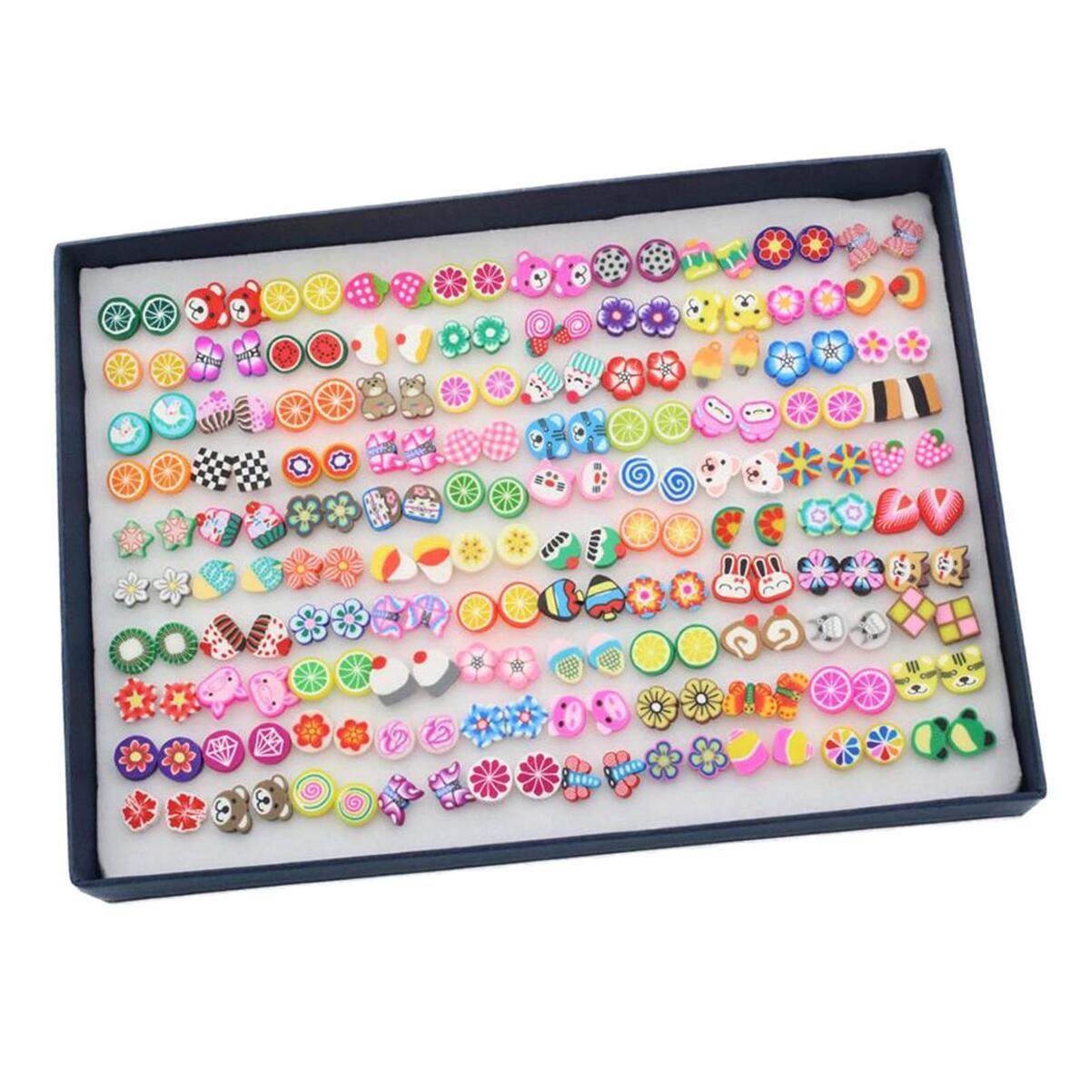 100 Pairs Assorted Stud Earring Women Teens School Girls Cartoon Fruit Shape