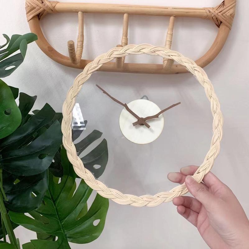 Rattan Wall Clock Round Mute Silent Clock Homestay Hanging Ornament Coffee Decor