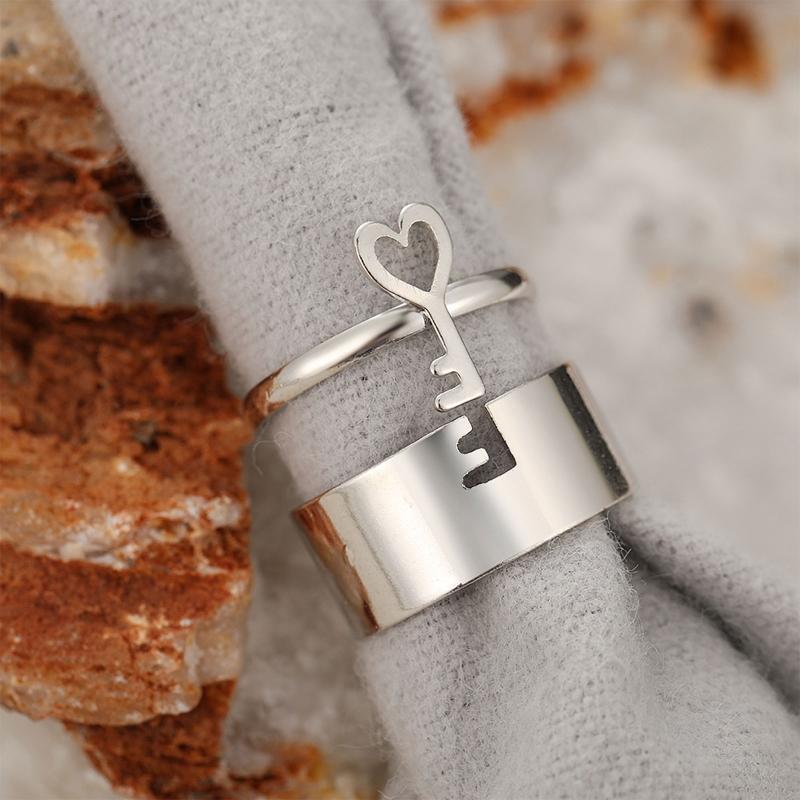 Couple Open Rings Set Love Key Joint Stackable Finger Band for Him Her Wedding