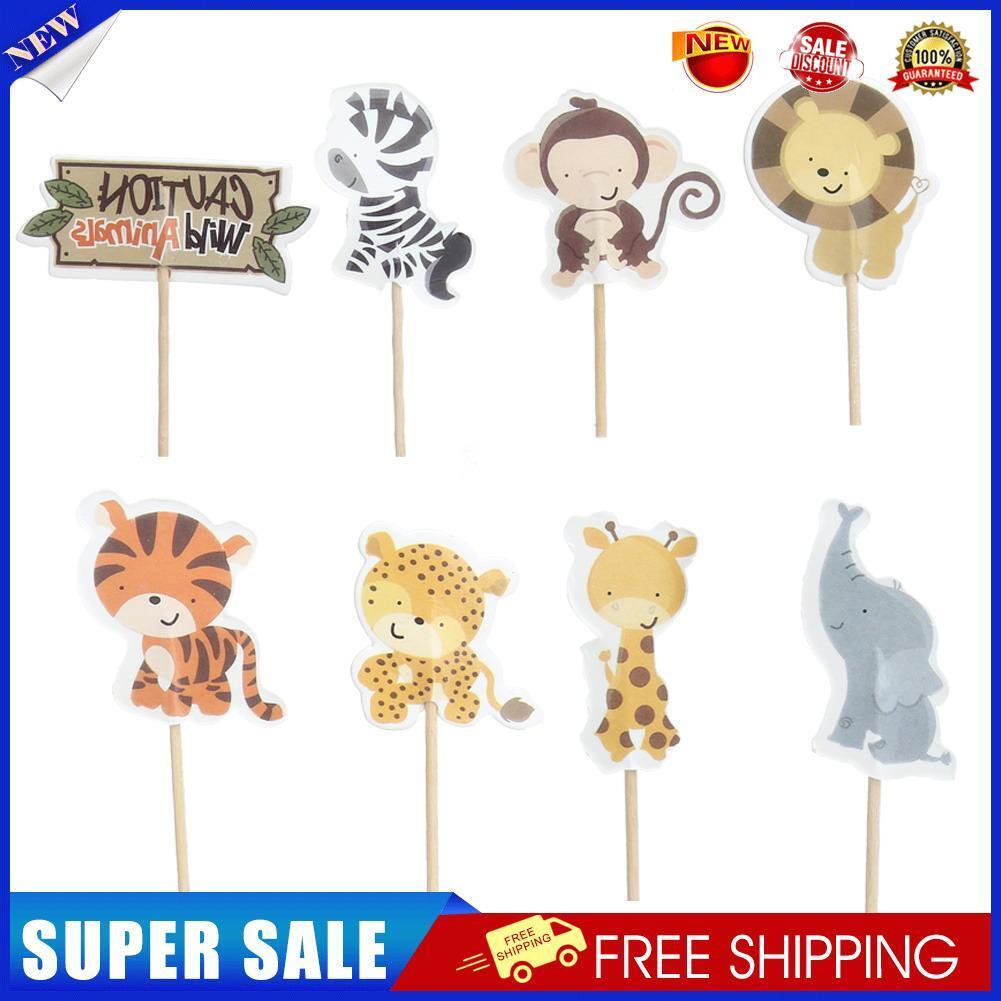 24pcs Cake Dessert Inserted Card with Zoo Animal Elephant Lion Pattern
