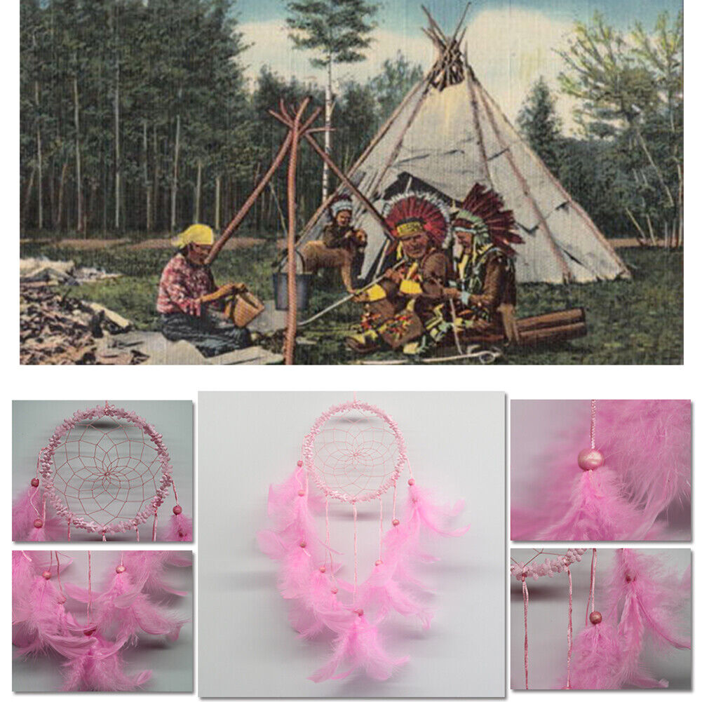 Flower Feathers Dream Catcher Wall Hanging Home Car Decor Ornament(Pink)