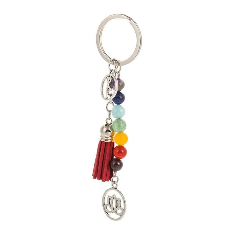 Creative Lotus Tassel Keychain 7 Chakras Colorful Stone Beads for Backpack Purse