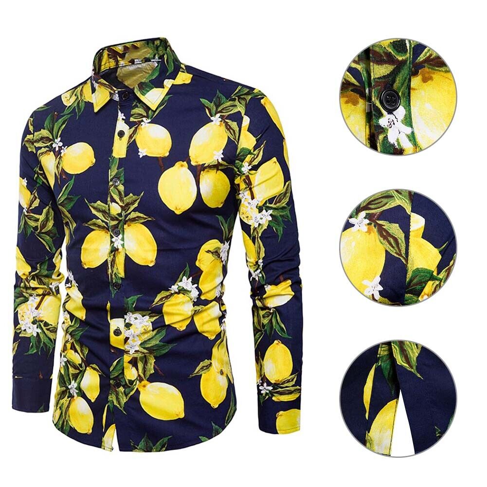 Men Long Sleeve Lemon Beach Fashion Turn Down Collar Shirt(Navy Blue 2XL)-2