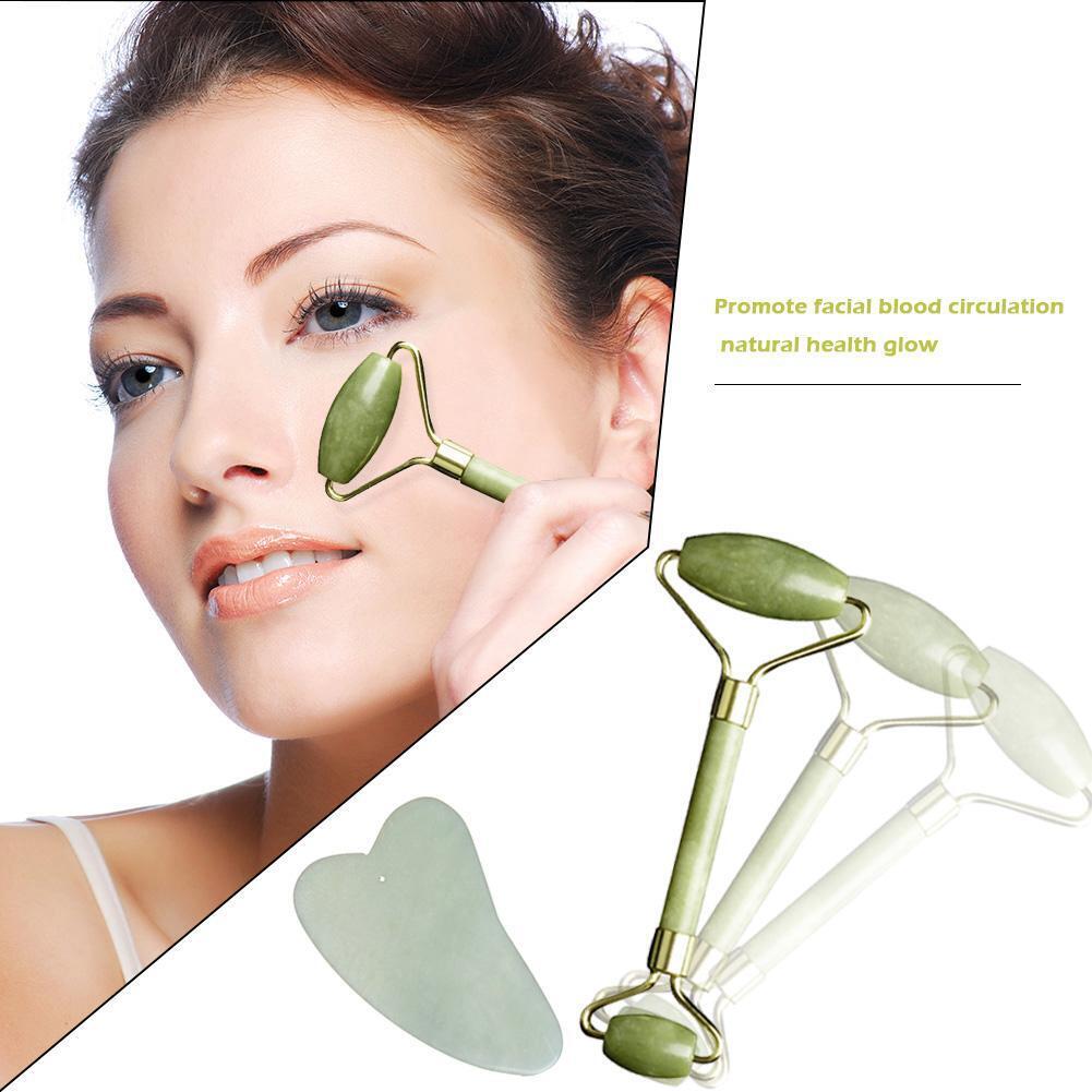 2pcs Natural Jade Face Roller Guasha Board SPA Therapy Skin Beauty Care