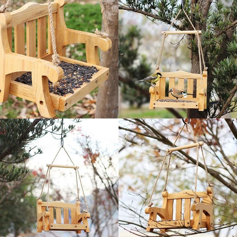 Hanging Bird Feeder Wooden Swing Bench Food Tray Outdoor Decor for Yard Balcony