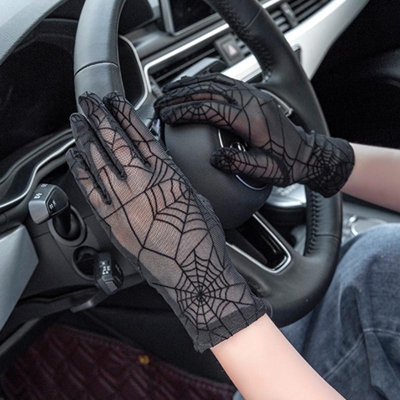 Sun UV Protection Lace Mitten Breathable Halloween Spider Web Full Finger Gloves