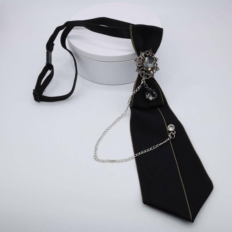 Gothic Black Necktie Rhinestone Pendant Metal Chain Evening Party Pretied Bowtie