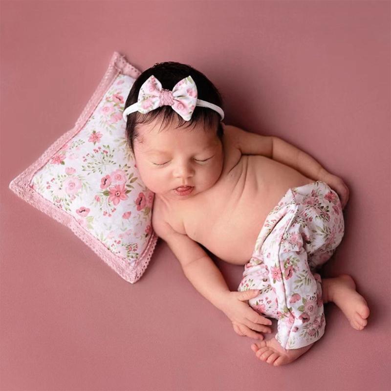 Newborn Photography Props Outfits 1Set Baby Girls Printed Bowknot Headband Kit