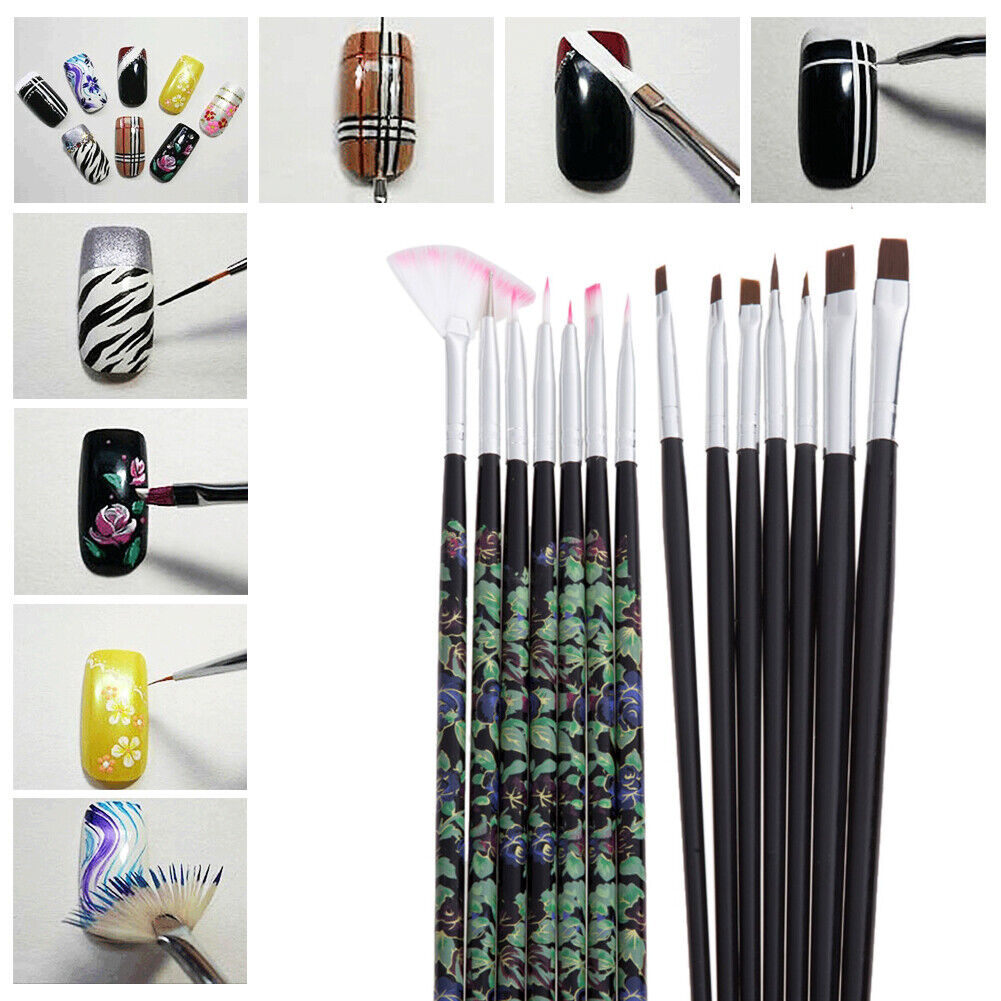 NEW 14 x UV Gel Acrylic Nail Art Flat Brush Painting Tool Set Manicure
