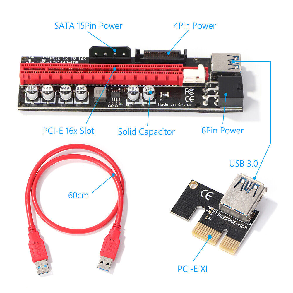 009S Plus 3A USB 3.0 PCI-E 1X to 16X Extender Riser Card for BTC Mining