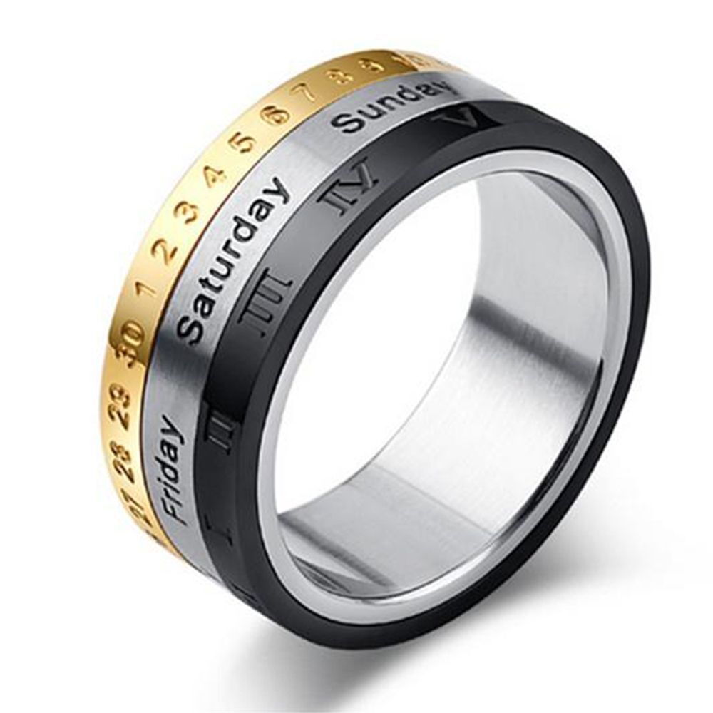 Steel Biker Date Time Calendar Roman Numerals Rings 3 Part Punk Rotatable
