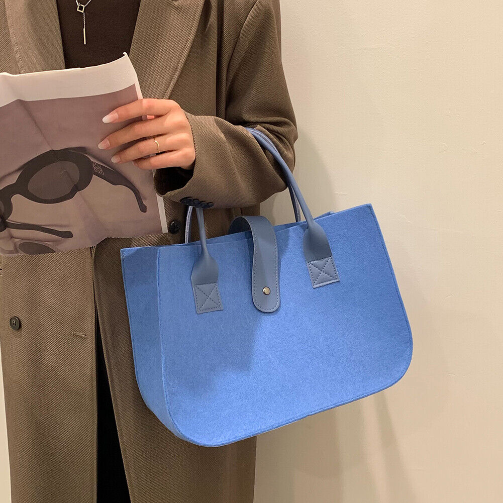Women Felt PU Leather Quilted Tote Bag Solid Color Top-handle Bag (Blue)