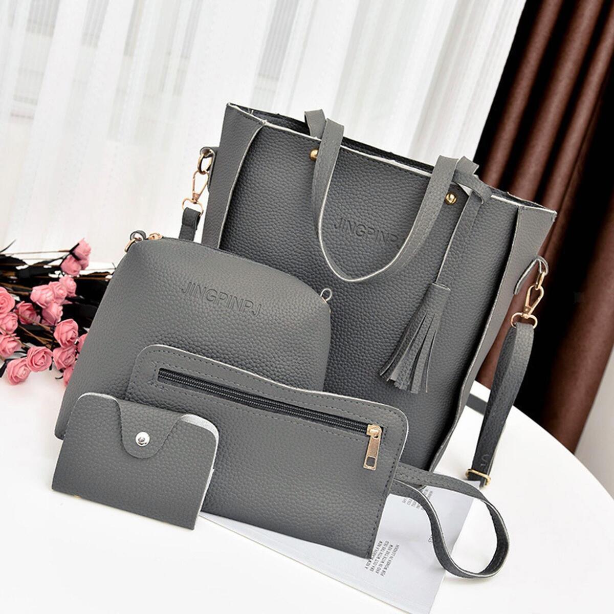 2 Set Women PU Leather Handbags Set Zipper Closure Gray+Khaki